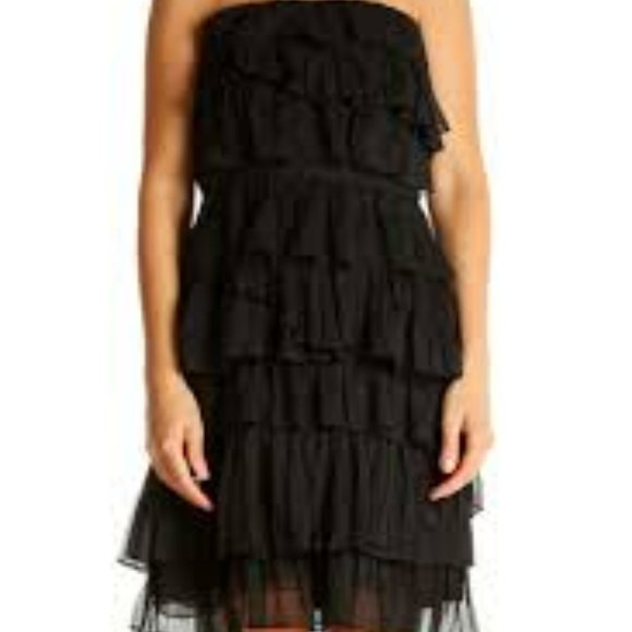 J.Crew Black Silk Strapless Tiered Ruffled Mini Dress with Bow, Size 0 EUC - Picture 6 of 7